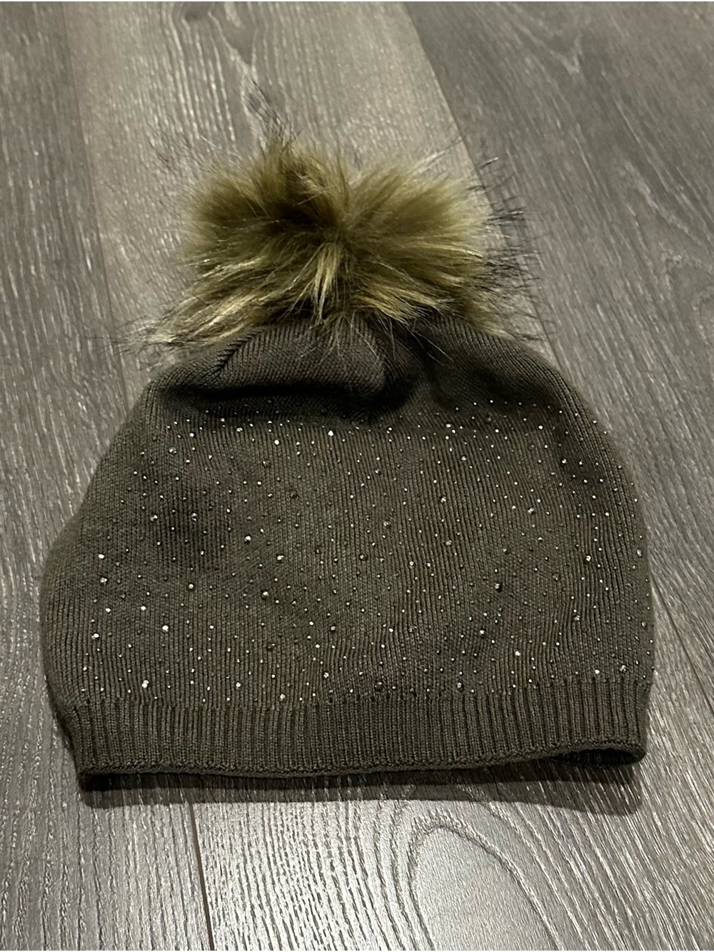 PNYC Olive Knit Beanie with Faux Fur Pom and Rhinestones